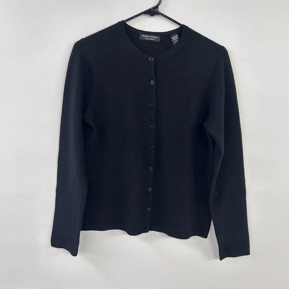 100% Cashmere 2 Ply Cardigan M Black Button Front Quiet Luxury Valerie Stevens